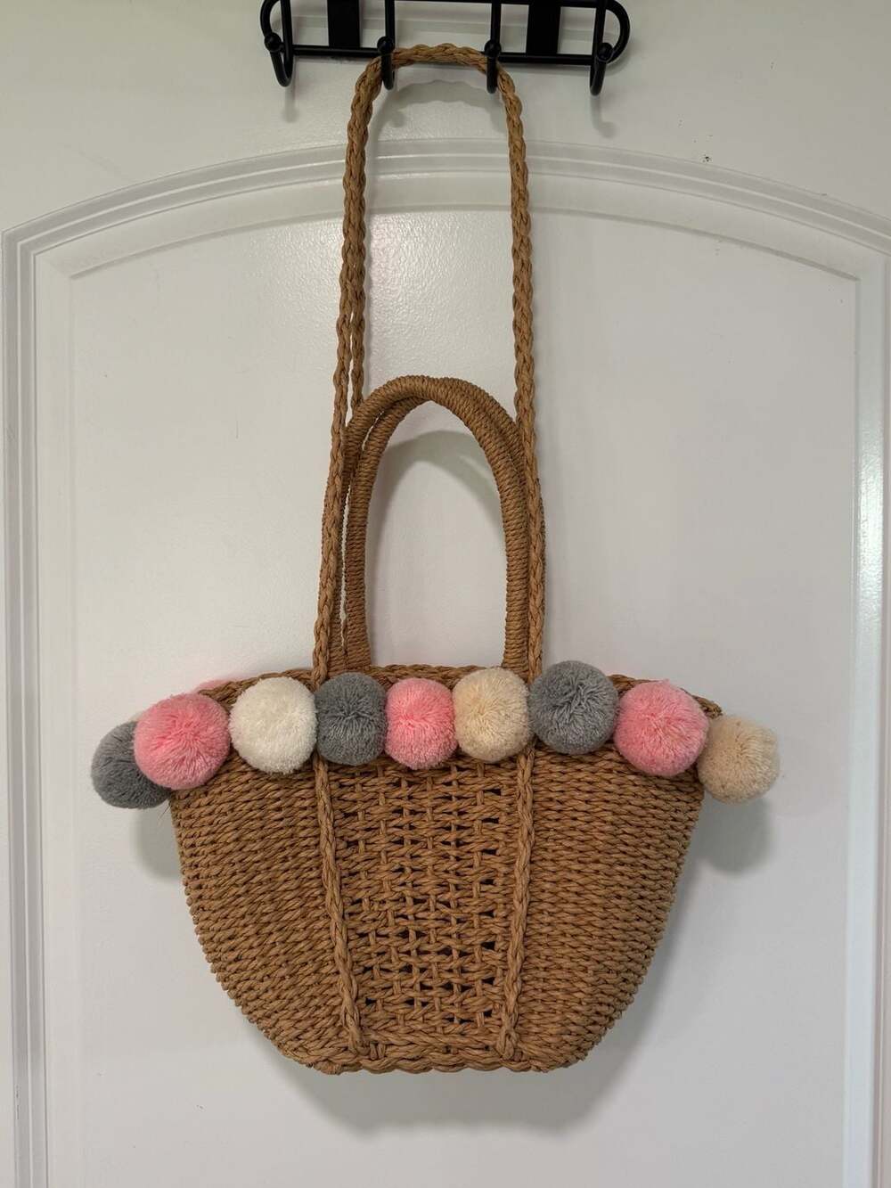 Pom Pom Straw Woven Tote Bag Pink Gingham Boho Coastal Shoulder Crossbody